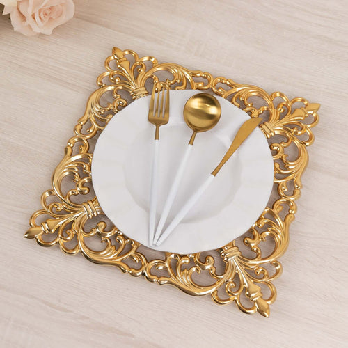 6-Pack Acrylic Charger Plates 12" Square Gold with Hollow Lace Border - Event Tabletop Decorative Charger Tableware